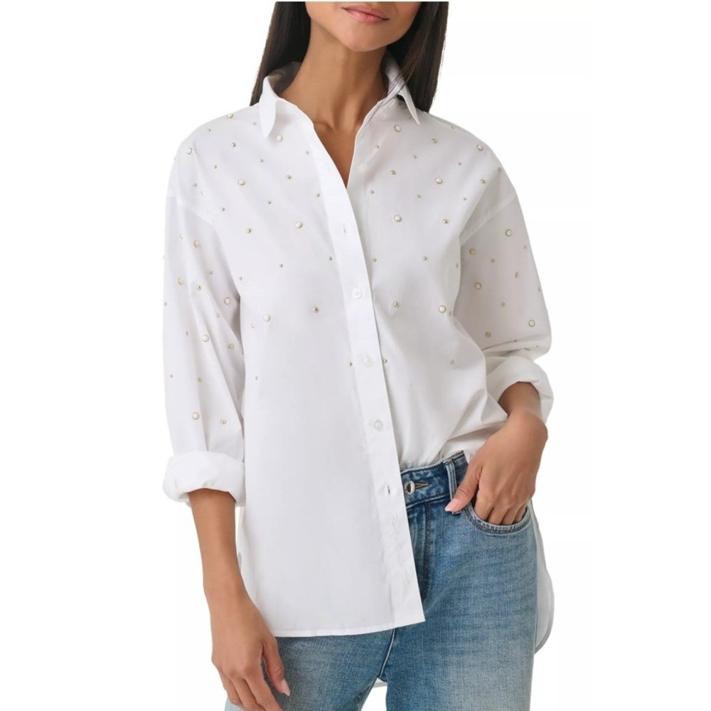 NEW Karl Lagerfeld Paris Shirt Tunic Limited Edition White Button Up Pearls 3X